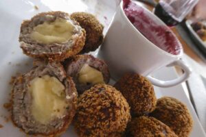 Turkey Balls with Camembert and cranberry sauce