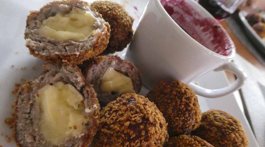 Turkey Balls with Camembert and cranberry sauce