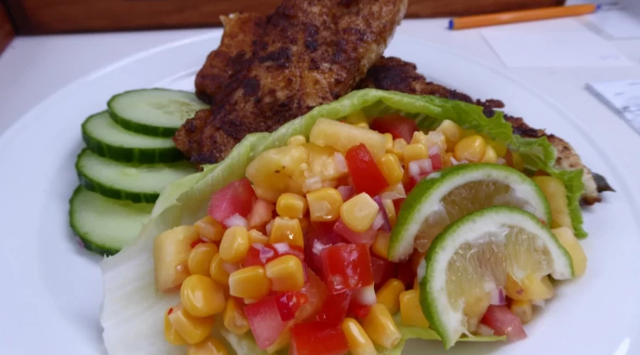 Cajun Mackerel with Pineapple, Tomato & Corn Salad