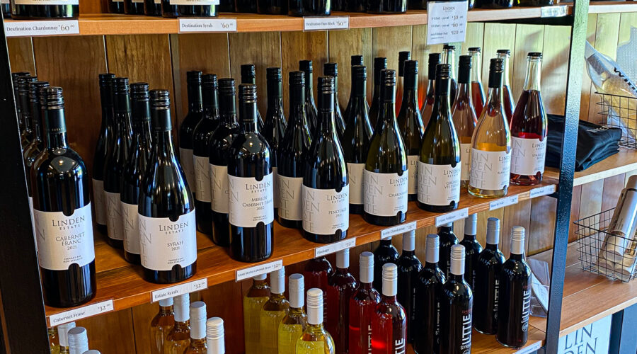 Wine tasting - Linden Estate Winery bottles on display